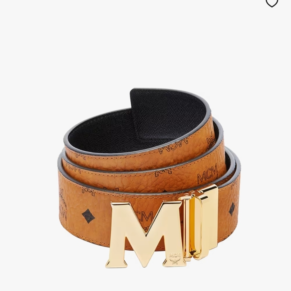 MCM Cognac Belt with Gold M Buckle